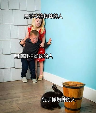 这是一张搞笑反差梗图，通过具象化的角色状态来调侃不同人面对蜘蛛时的反应。图中上方的金发小女孩缩在墙角，表情惊恐，双手抱着前方的小男孩，对应“用书本拍蜘蛛的人”，表现出这类人虽然会用书本处理蜘蛛，但内心充满恐惧；前方的小男孩崩溃大哭、身体蜷缩，被女孩紧紧抱住，对应“用拖鞋拍蜘蛛的人”，体现出这类人在行动上选择用拖鞋，但内心的恐惧比前者更甚；地面的黑色兔子淡定地待在一旁，对应“徒手抓蜘蛛的人”，用兔子的从容和前两者的崩溃形成强烈反差，放大了搞笑效果，生动地展现了不同人群面对蜘蛛时的不同状态。