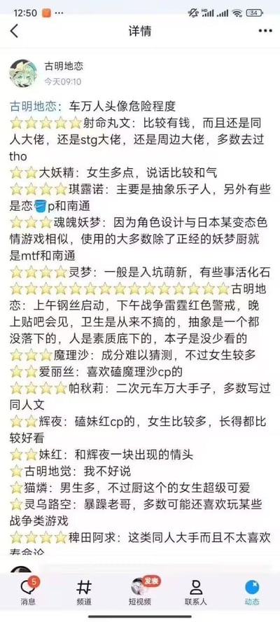 这是社交平台用户“古明地恋”发布的一条动态，以“车万人头像危险程度”为主题，用星级标注的形式，对东方Project（车万）系列的多个角色头像使用者进行了充满调侃与玩梗性质的刻板印象总结。内容涵盖了射命丸文、琪露诺、魂魄妖梦、古明地恋等数十位东方Project角色，针对不同角色的头像使用者赋予了诸如“同人大佬”“抽象乐子人”“暴躁老哥”等标签，其中对发布者自身“古明地恋”的描述尤为自嘲，充满了二次元圈内的玩梗元素，是东方Project爱好者群体内部的趣味整活内容。