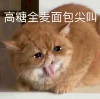 一张橘猫的照片，猫咪张着嘴，表情夸张，似乎在尖叫。图片上方有文字“高糖全麦面包尖叫”，通过猫咪的夸张表情来幽默地表现对“高糖全麦面包”这种矛盾组合的惊讶反应。