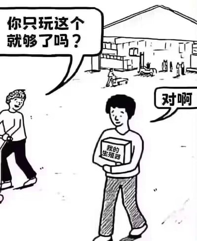 这是一幅充满黑色幽默的黑白卡通梗图，画面背景是简单的户外场景，左侧人物手持类似滑板的器材，向抱着盒子的右侧人物发问：“你只玩这个就够了吗？”，右侧人物怀中抱着一个写有“我的生殖器”的盒子，淡定回答“对啊”。
这个梗图通过荒诞且低俗的设定制造强烈反差，用直白的文字与画面结合，形成讽刺感拉满的搞笑效果，调侃了沉迷单一低俗趣味的状态。