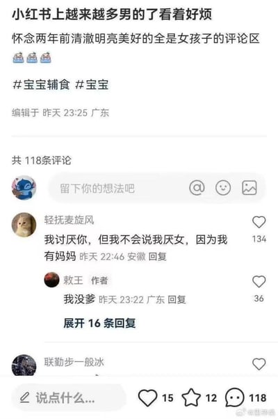 小红书用户“敕王”发布动态吐槽平台男性用户变多，怀念过去全是女性的评论区，并带上#宝宝辅食 #宝宝标签。评论区用户“轻抚麦旋风”以“我讨厌你，但我不会说我厌女，因为我有妈妈”尖锐回复，作者则以“我没爹”直接回怼，这段充满情绪的性别对立互怼引发关注，评论区还有更多相关回复，整体是网络平台上性别矛盾引发的直白对线场景，无谐音双关等隐含内容。