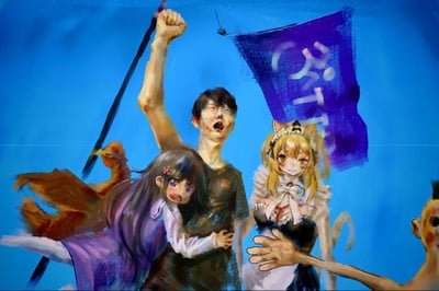 这是一张粉丝自制的二次创作绘画作品，以英雄联盟知名选手李相赫（Faker）夺冠后激动庆祝的画面为原型，将真人形象与二次元角色融合：画面中间的Faker满脸激动，高举手臂张嘴呐喊，脸上带有污渍；身旁的紫发二次元少女面露慌张羞赧，紧紧抱住他；右侧是一位猫耳女仆装二次元少女，表情无奈嫌弃地站在一旁；紫发少女身后还有一只鸡，右下角有类似丧尸的角色伸手，背景的紫色旗帜上有日文，整体画风为油画质感，营造出荒诞又欢乐的玩梗氛围。