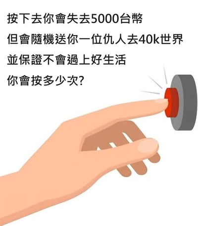 这是一张图文混排的趣味网络梗图，上方是提问类文字，下方是卡通风格插画。文字内容为假设提问：按一次按钮需要付出5000台币的代价，但是可以随机将一位仇人送到战锤40K的虚构世界观中，且保证仇人不会在其中过上好生活，询问观看者愿意按多少次。战锤40K的世界观设定生存环境极度恶劣危险，这一提问本质是调侃网友愿意付出多少金钱成本来让自己厌恶的人遭受苦难，具有很强的互动属性。