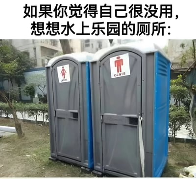 图片上方配有文字'如果你觉得自己很没用，想想水上乐园的厕所：'，下方是两张并排的移动厕所照片，左侧标有'LADIES'及女性符号，右侧标有'GENTS'及男性符号。图片通过幽默的方式暗示，即使是水上乐园中可能使用率不高的厕所也有其存在意义，以此安慰觉得自己没用的人。