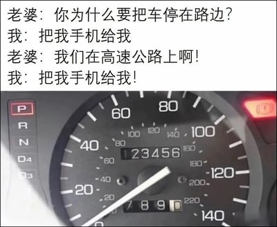 这是一张利用巧合制造笑点的图文混排搞笑梗图，上半部分记录了一对夫妻乘车时的对话：老婆疑惑询问丈夫为什么要在高速公路上违规停车，丈夫不顾还身处高速的危险，十分急切地反复索要回自己的手机；下半部分是汽车仪表盘的实拍照片，仪表盘的数字显示窗中，上方一行恰好依次显示数字1、2、3、4、5、6，下方一行依次显示7、8、9、0，排列顺序正好对应手机解锁用的数字键盘，暗示丈夫的手机解锁密码就是123456，这个巧合仿佛把密码直接公示了出来，丈夫害怕老婆发现自己的密码（疑似藏有秘密），才不顾一切也要停车拿回手机，形成了反差感十足的搞笑效果。
