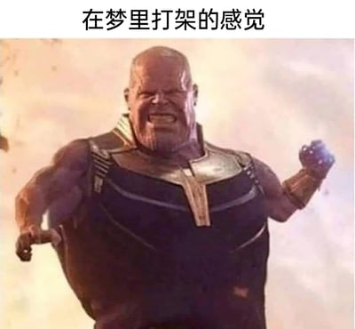 这是一张经过P图改编的搞笑表情包，将漫威电影《复仇者联盟》中的角色灭霸的身体部分修改成了臃肿软塌的形态，灭霸面部狰狞、咬牙咧嘴，摆出用力的打架姿势，但身体看起来软塌无力，搭配上方的文字“在梦里打架的感觉”，精准还原了人们在梦中打架时，明明主观上很用力，实际身体却不受控制、使不上劲的无力又憋屈的体验，通过夸张的视觉反差制造出强烈的搞笑效果，十分贴合大众的共同生活体验。
