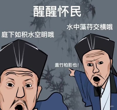 卡通风格梗图，画面中有两位身着宋代官帽、表情夸张的男性人物。左侧人物眉头紧锁、嘴巴大张，右侧人物手指前方、面露惊讶。背景为灰蓝色调，隐约可见竹影摇曳。图中文字引用苏轼《记承天寺夜游》经典名句：“醒醒怀民”“庭下如积水空明哦”“水中藻荇交横哦”“盖竹柏影也！”，通过在文言文中加入“哦”字等口语化语气词，将严肃的古典文学场景转化为幽默的对话场景，营造出反差萌的喜剧效果。