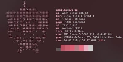 这是一张Linux终端的截图，通过neofetch命令行工具展示系统详细信息。左侧是像素风格改编的天线宝宝角色，右侧以文字形式列出了主机名、操作系统（Arch Linux x86_64）、内核版本、系统运行时长、已安装软件包数量、Shell环境、窗口管理器、终端模拟器、CPU（AMD Ryzen 5 5600）、GPU（NVIDIA GeForce RTX 3060 Lite Hash Rate）、内存使用情况等配置信息，深色背景搭配浅色文字和像素角色，信息展示清晰，是Linux爱好者常用的系统配置分享形式。