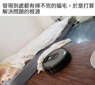 图片展示了一只白猫仰卧在木地板上，旁边是一台黑色的扫地机器人。猫的前爪似乎正搭在机器人上，而一个人被白色毯子部分覆盖着躺在地板上。图片上方配有文字：“發現到處都有掃不完的貓毛，於是打算解決問題的根源”，幽默地暗示用扫地机器人直接“清洁”猫来解决猫毛问题。