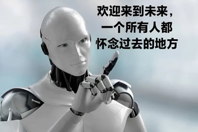 图片左侧是一个白色人形机器人，外观设计流畅具有金属质感，面部表情平静，绿色眼睛注视前方，右手抬起并伸出食指指向上方。背景为柔和模糊的蓝灰色渐变，营造出未来科技感。右侧配有黑色粗体文字：“欢迎来到未来，一个所有人都怀念过去的地方”。整体画面通过未来感的机器人形象与怀旧主题的文字形成对比，传达出对科技发展与情感怀旧之间矛盾关系的思考。