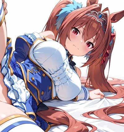 这是一张AI生成的二次元同人图，原型是手游《赛马娘 Pretty Derby》中的角色大和赤骥。图中的大和赤骥有着标志性的棕色长发与马耳，身穿蓝白配色带金色装饰的制服，脸颊泛红，带着委屈羞涩的神情，侧趴在平面上，身体姿态显得有些局促，画面绘制精致，凸显出角色软萌的气质。