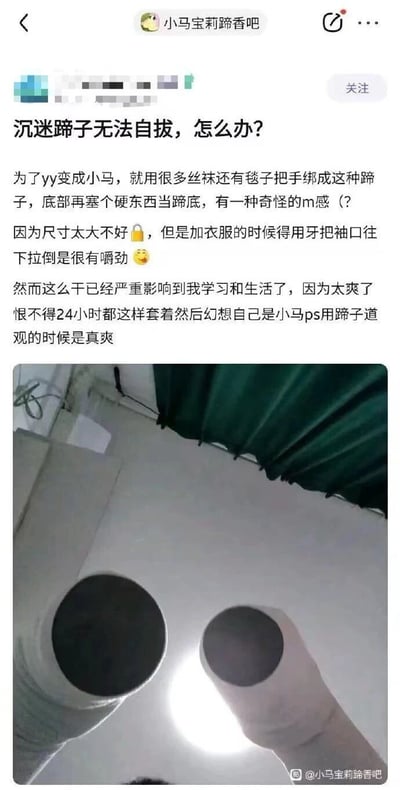 这是一张社交媒体截图，展示了一位用户发布的关于自己沉迷于模仿小马宝莉角色制作和佩戴自制蹄子的帖子。用户描述了自己如何用丝袜和毯子制作蹄子，以及这种行为如何影响了他的学习和生活。帖子下方配有一张图片，显示了两个自制的黑色圆柱形蹄子。