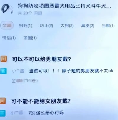 这是一张宠物用品相关的Q&A页面截图，标题为“狗狗防咬项圈恶霸犬用品比特犬斗牛犬...”，显示共有20个问题。页面上方有“全部”“狗狗”“防止”等标签分类。核心内容为两条趣味提问与回复：用户问“可以不可以给男朋友戴?”，回答是“当然可以！！！脖子短的男朋友就不太ok”；另一用户问“可不能不能给女朋友戴?”，回复则是“?别这么恶心行吗”。通过对“给男友戴”和“给女友戴”两种提问的截然不同态度，形成幽默的双标对比，充满调侃意味。