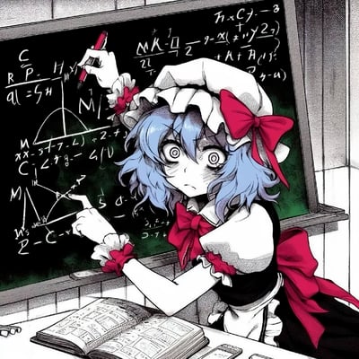 一幅动漫风格插画，描绘了一位蓝发少女穿着女仆装站在黑板前演算数学题的场景。少女有着大大的蓝色眼睛和明显的惊讶表情，头上戴着白色女仆头饰并系着红色蝴蝶结，身后也有一个大红色蝴蝶结。她正用红色粉笔在写满复杂数学公式和几何图形的黑板上书写，左手扶着黑板，右手握笔。黑板前的桌子上放着一本打开的笔记本，上面似乎也有数学内容。整体画面采用黑白为主色调，只有少女的头发、蝴蝶结和粉笔是彩色的，形成鲜明对比。