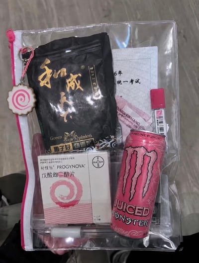 整张图为竖版实拍照片，主体是一个带粉色拉链的透明文件袋（常见的高考考试袋），被一只手托着朝向镜头展示内部物品。袋内放置了和成天下槟榔、补佳乐戊酸雌二醇片、粉色款魔爪功能饮料、中性笔、疑似高考准考证的印刷品、人民币现金、涂卡笔等物品，文件袋拉链上还挂有一个和补佳乐包装盒上图案一致的螺旋纹挂饰。整体通过在考试袋中放置大量不符合高考考场携带规定、不属于常规应考物品的内容，制造反差感，搭配配文“准备去高考了”形成恶搞玩梗的效果。