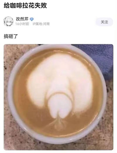IP属地河南的用户“孜然芹”在社交平台分享自己咖啡拉花失败的成果，配文“搞砸了”。原本想要制作好看的咖啡拉花，结果奶泡在咖啡表面形成了类似奇怪对称图案的形状，虽然是失败作品，但意外拥有了搞笑的视觉效果，属于生活中的趣味小失误分享，没有双关或谐音梗。
