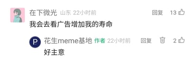 这是一张国内社交内容平台的评论区截图，来自meme创作账号“花生meme基地”的内容互动区。IP地址显示为山东的用户“在下微光”在22小时前发布了一条脑洞评论：“我会去看广告增加我的寿命”，该评论收获了13个点赞；随后账号作者“花生meme基地”回复了“好主意”，这条回复获得了2个点赞。整个互动以完全不符合现实逻辑的荒诞想法为核心笑点，用无厘头的调侃制造出轻松搞笑的氛围，是meme内容生态中常见的用户与创作者趣味互动形式。