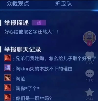 这是一张来自游戏众裁举报环节的屏幕截图，界面顶部有“众裁观点”“护卫队”标识。举报描述为“好心给他取名字还骂人！！”，举报的聊天记录显示：一位陶姓网友在聊天频道询问“兄弟们我姓陶，怎么给儿子取个好名字”，其他网友回复了玩梗性质的名字，包括“陶king突的木放不下的理由”（改编自歌词的玩梗内容）、“陶范”（谐音“逃犯”的玩梗内容），陶姓网友因感觉被冒犯，暴怒发出带脏话的辱骂内容“陶你*了个*”“你们是一群**吗？”。截图右侧显示该内容的互动数据：点赞7.5万、评论1.7万、收藏2844。