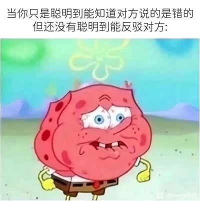 这是一张二次创作的网络梗图，改编自动画《海绵宝宝》的角色形象。图中的海绵宝宝被修改成脸部涨红扭曲的样子，眉头紧皱，眼神焦急又憋屈，双手叉腰，呈现出愤怒又无力的状态。上方搭配中文配文“当你只是聪明到能知道对方说的是错的，但还没有聪明到能反驳对方:”，精准地用这个抓狂又憋屈的卡通形象，来形容人们生活中那种心里清楚对方观点错误，却找不到合适的逻辑和语言去反驳的无奈、憋屈又愤怒的情绪，很容易让有类似经历的人产生共鸣。