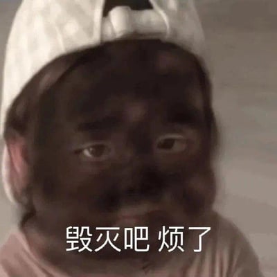 图片中是一个小孩，头部戴着一顶白色的帽子，帽子上有一个蝴蝶结装饰。小孩的脸部被深色物质（可能是泥、颜料或面膜等）覆盖，只露出眼睛和部分面部轮廓，眼神看起来有些无奈。图片底部有一行白色文字：“毁灭吧 烦了”，整体表达出一种强烈的烦躁、厌倦情绪，常被用作表达对现状不满或想要逃避的幽默吐槽。