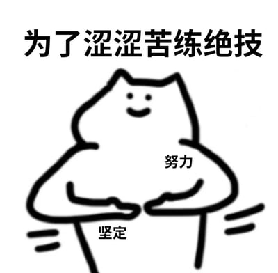 一张黑白卡通风格的梗图，画面中央是一只线条简单的卡通猫，它面带微笑，双手合十放在身前，呈现出努力练习的姿势。图片上方有大字标题“为了涩涩苦练绝技”，猫的胸前标注“努力”二字，双手之间标注“坚定”二字，通过拟人化的猫咪形象和幽默文字，形成一种反差萌的搞笑效果。
