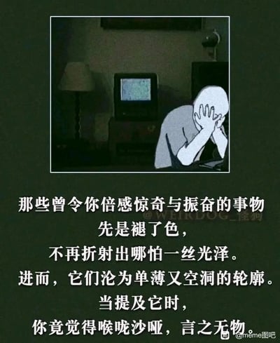 这是一张主打情绪共鸣的图文混排meme图，上方截取了一段动画画面：昏暗的房间内，一个卡通人物双手捂脸，低头伏在桌前，背景里的电脑屏幕泛着冷光，整体色调暗沉，营造出压抑、低落的氛围。下方配有的文字细腻描绘了人们在生活中逐渐丧失热情的过程：曾经带来惊奇与振奋的事物慢慢褪去光泽，变得单薄空洞，当再提及它们时，只剩难言的疲惫与失语，精准戳中了人们在倦怠期对生活失去兴致的无力感，很容易引发同类情绪用户的共鸣。