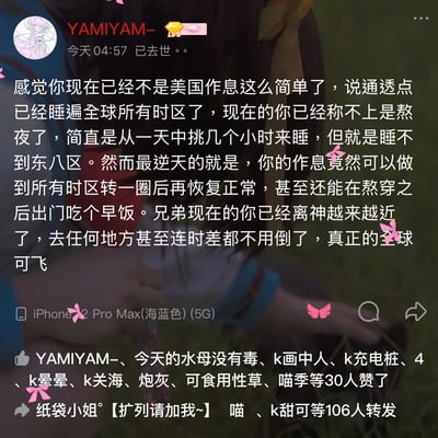 这是一张社交媒体截图，显示用户"YAMIYAM-"发布的一条动态。内容是调侃朋友作息极其不规律，已经超越了单纯的美国作息，达到了能适应全球所有时区的境界，甚至能在熬夜后直接出门吃早饭，被戏称为"全球可飞"的神人。截图底部显示有30人点赞和106人转发，界面上有粉色蝴蝶装饰元素。