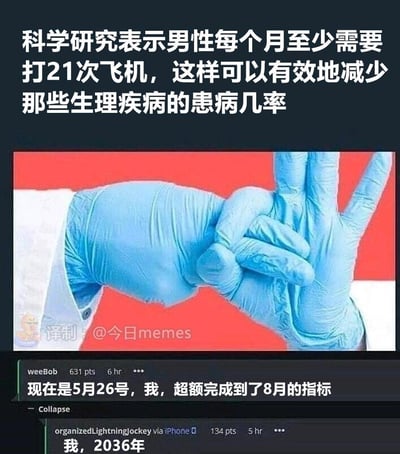 这是一张幽默梗图，上方配有文字“科学研究表示男性每个月至少需要打21次飞机，这样可以有效地减少那些生理疾病的患病几率”，中间是两只戴着蓝色手套的手做出类似“摇滚”手势的图片，下方是两条搞笑评论：“现在是5月26号，我，超额完成到了8月的指标”和“我，2036年”。图片通过夸张的“科学研究”说法和幽默评论制造笑点，调侃男性自慰频率话题。