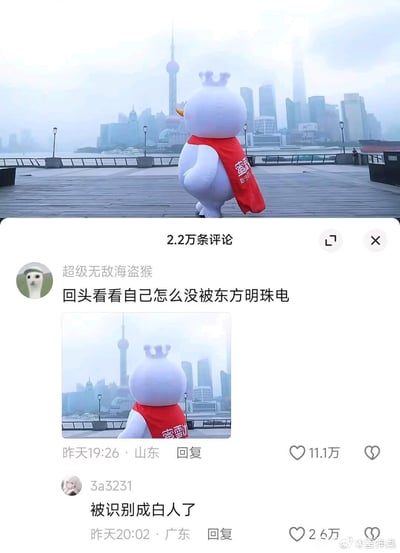 图片上半部分展示蜜雪冰城的雪王吉祥物站在上海外滩的木质观景台上，背景是雾蒙蒙的上海天际线，东方明珠塔清晰可见。雪王穿着标志性的白色充气服装，戴着小皇冠，披着印有"蜜雪冰城"字样的红色围巾，正背对着镜头眺望城市景观。

下半部分是社交媒体评论区截图，显示有2.2万条评论。最上方评论来自用户"超级无敌海盗猴"："回头看看自己怎么没被东方明珠电"，获得11.1万点赞。第二条评论来自用户"3a3231"："被识别成白人了"，获得2.6万点赞。评论区还显示了评论发布时间和地点。
