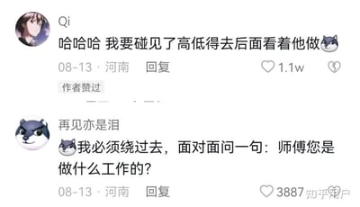 两则评论对话的梗图，内容围绕“高低要去看名人实际工作”的调侃，结合网络狗头表情形成独特幽默风格。第二条评论还模仿常见新闻采访，问出“师傅您是做什么工作的”，配上狗头表情，让人联想到见到偶像后的一本正经发问，实际却是玩梗。整体透露出二次元网络文化中爱玩梗、搞笑和自嘲的语气。

双关/暗示：无明显谐音梗，但“高低得去”网络流行语有‘无论如何都要’的意味，增加了幽默色彩，狗头表情包则代表“开玩笑勿喷”或“别太当真”。