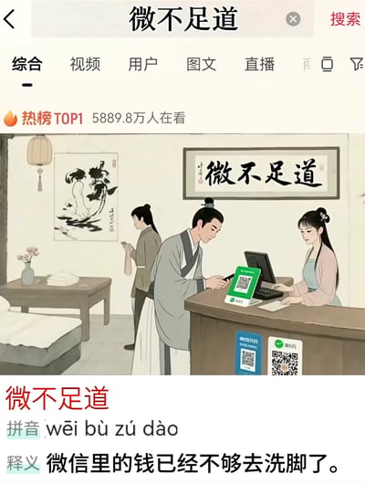 图片展示了一个搜索结果页面，搜索关键词为“微不足道”，热榜TOP1显示有5889.8万人在看。主图是一幅中国风插画，画中古装男子在柜台前用手机扫码支付，女子在柜台后操作电脑，墙上挂着“微不足道”的书法卷轴。图片下方配有文字：“微不足道 拼音 wēi bù zú dào 释义 微信里的钱已经不够去洗脚了。” 该图通过谐音梗将成语“微不足道”（原意“非常渺小，不值得一提”）幽默改编为“微信（微）里的钱不够去洗脚（足道）”，形成搞笑效果。