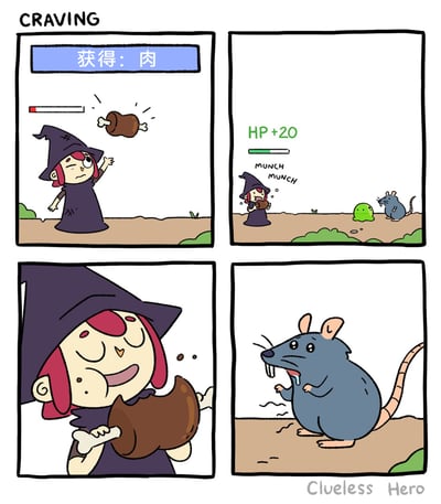 这是一幅名为《CRAVING》的四格漫画，隶属于“Clueless Hero（迷糊勇者）”系列。第一格中，状态不佳的小巫师获得一块肉，系统提示“获得：肉”；第二格中，小巫师开始进食，系统同步提示“HP+20”，旁边的史莱姆和大老鼠在旁观望；第三格是小巫师进食的特写，她满脸满足，吃得津津有味；第四格聚焦大老鼠，它看到小巫师吃的肉后露出震惊、垂涎的表情，暗示这块肉的来源可能是老鼠的同类，结合游戏回血的常见设定，制造出荒诞搞笑的反差笑点，展现了迷糊角色在游戏世界里的趣味日常。