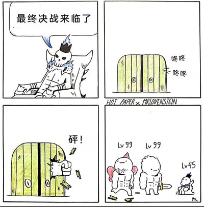 这是一幅由HOT PAPER与MRLOVENSTEIN合作创作的四格搞笑漫画，主打反差搞笑风格。第一格中，高大的骷髅魔王端坐王座，配文“最终决战来临了”，营造出紧张刺激的最终战氛围；第二格中，魔王的大门传来“咚咚咚咚”的敲门声，进一步烘托开战前的紧张感；第三格中，一只粗壮的拳头直接砸破大门，发出“砰！”的巨响，将氛围推向高潮；第四格则是核心反转笑点：砸门的是两位等级为Lv99的肌肉壮汉勇者，而本该是强大BOSS的魔王，却是一个只有Lv45的迷你小不点，与前期的高大魔王形象形成强烈反差，用这种离谱的反转制造出搞笑效果。