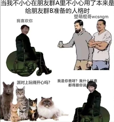 这张图片通过P图合成的方式，生动呈现了在群聊中发错消息、用错对应社交人格的社死场景。顶部文字点明核心情境：“当我不小心在朋友群A里不小心用了本来是给朋友群B准备的人格时”。上半部分，用户在朋友群A中错误使用了给朋友群B准备的软萌人格，说出“我喜欢你”，面对A群朋友（两个卡通男性人物）的疑惑反应，尽显尴尬；下半部分，用户又在朋友群B中错误使用了给朋友群A准备的暴躁人格，用不耐烦的语气回复B群（四只猫咪代表）的关心提问“派对上玩得开心吗？”，说出“我是你爸呀？我什么玩意都得跟你说”，强烈的语气反差放大了这种用错社交人格后的窘迫与搞笑感，精准戳中人们在不同社交场景下需要切换人格，一旦出错就会社死的共鸣点。