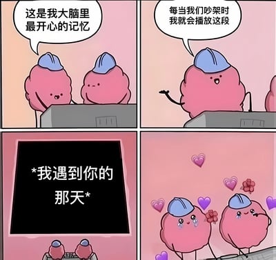 四格连环漫画描绘了两个戴着蓝色帽子的粉色云朵角色的温馨互动。第一格中，两个角色并肩站立，其中一个说“这是我大脑里最开心的记忆”；第二格中，一个角色指向屏幕说“每当我们吵架时我就会播放这段”；第三格是黑色屏幕，中央显示“*我遇到你的那天*”；第四格中，两个角色周围环绕着爱心和花朵，开心得流泪。通过回忆初遇的美好瞬间来化解争吵，传递情侣间的温暖情感。