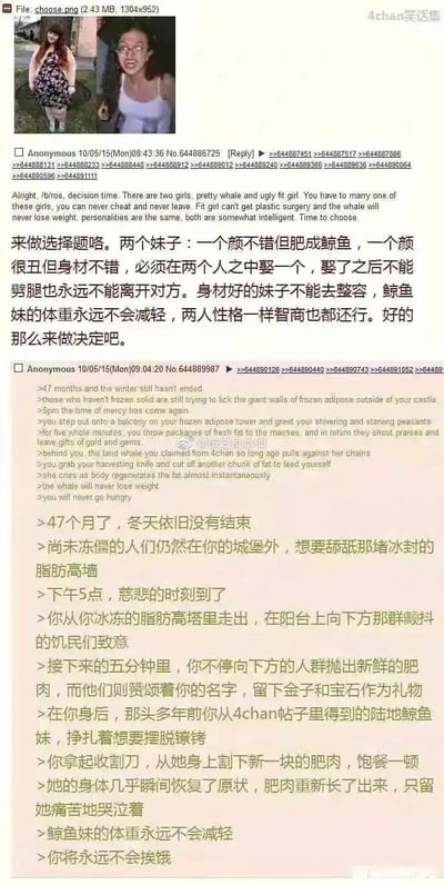 这是一张整合了国外4chan论坛帖子与中文翻译的图文内容截图，上方展示了两位女性的照片：一位颜值尚可但体型肥胖，另一位颜值较低但身材苗条。楼主发起趣味选择题，要求在两人中选择结婚对象，设定为婚后无法离婚，瘦妹无法整容，胖妹体重永远不会下降，且两人性格与智商相近。下方的匿名回复者以极端荒诞的黑色幽默脑洞选择了胖妹，构建了一个末世寒冬的虚构场景：胖妹的脂肪可以无限再生，主角不仅可以用她的脂肪饱腹，还能将其作为“赏赐”换取民众的财宝，利用“永远不会减重”的设定打造了一个离谱的生存故事，充满了戏谑和夸张的网络搞笑风格。