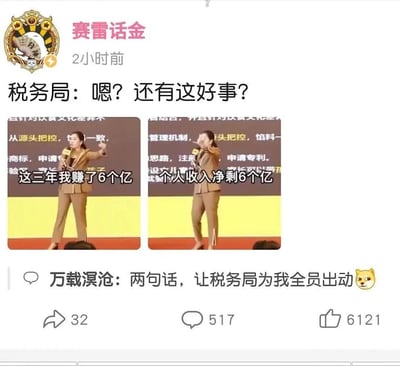 这是一条由社交账号“赛雷话金”发布的梗图内容，由两张演讲现场的截图拼接而成，图中一位身着棕色套装的女士在台上演讲，配文分别标注“这三年我赚了6个亿”“个人收入净剩6个亿”，发布者配上玩梗文案“税务局：嗯？还有这好事？”，调侃该女士公开自爆高额个人收入，很可能会被税务局盯上核查税务情况。下方热门评论“万载溟沧”留言“两句话，让税务局为我全员出动”，进一步强化了这个幽默的玩梗效果，结合了大众对高收入人群税务合规性的关注，制造出反差笑点。