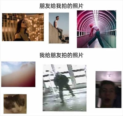 这是一张上下对比的多图拼接静态图，上半部分标注“朋友给我拍的照片”，展示了三张构图精致、人物清晰且充满氛围感的人像照片，分别是城市夜景下的温柔人像、高处的酷感坐姿人像、隧道内的创意姿势人像；下半部分标注“我给朋友拍的照片”，则是四张完全失败的拍照作品，包括拍糊的天空、误拍到的猫、人物糊成黑影的照片、近距离拍糊的人脸，通过强烈的反差感，生动调侃了自己糟糕的拍照技术，充满搞笑的生活趣味。