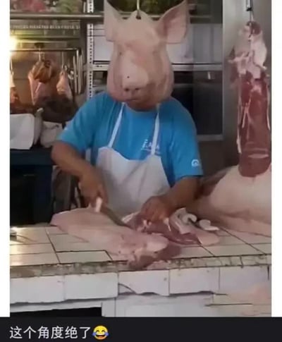 这张图拍摄于肉摊场景，一位戴着猪头面具的人正在处理猪肉，从当前拍摄角度看，仿佛是猪头“自己在切割自己的肉”，形成了极具趣味的视觉错位效果。图下方配文“这个角度绝了😆”，进一步点出画面的荒诞搞笑之处。
这是利用拍摄角度制造的视觉错位梗，通过猪头面具与猪肉的组合，营造出滑稽荒诞的反差感。