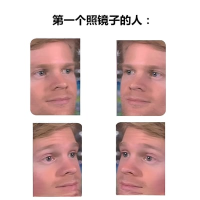 图片上方有黑色文字“第一个照镜子的人：”，下方是2x2网格排列的四张同一男性的面部特写照片。四张照片中人物表情存在细微差异，从初始的平静注视，逐渐变为眉毛微蹙、眼神略带疑惑，再到挑眉惊讶的神态，通过表情变化幽默地模拟了人类首次照镜子时可能产生的困惑与惊奇反应。