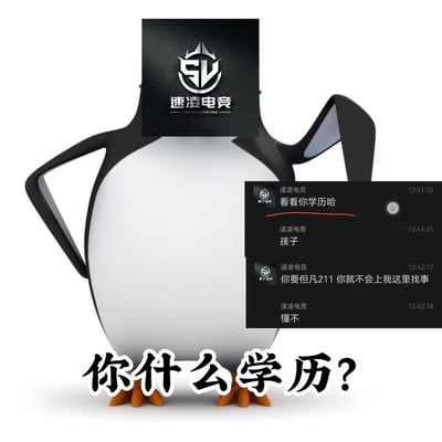 这是一张网友自制的拼贴讽刺梗图，将3D卡通企鹅的头部替换为速凌电竞的品牌标识，搭配该机构与用户的聊天记录截图。聊天记录中速凌电竞方用带有歧视性的言论嘲讽用户：“看看你学历哈”“你要但凡211你就不会上我这里找事”“懂不”，图的下方配文“你什么学历？”，整体用来讽刺速凌电竞拿学历歧视用户的不当行为，表达对这种学历偏见言论的不满。