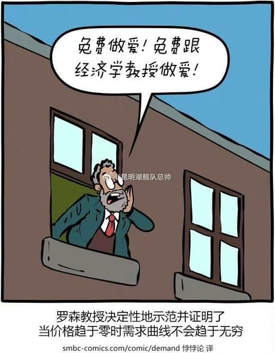 漫画中一位戴眼镜、留着胡子的经济学教授从建筑物窗户探出身，右手拢在嘴边做呐喊状，上方气泡中写着“免费做爱！免费跟经济学教授做爱！”。画面底部配有文字说明：“罗森教授决定性地示范并证明了当价格趋于零时需求曲线不会趋于无穷”。

这是一幅通过夸张幽默方式解释经济学原理的漫画，用极端例子调侃了“价格趋近于零时需求将无穷大”的传统经济学假设，暗示即使某些商品或服务价格为零，需求也未必无限。