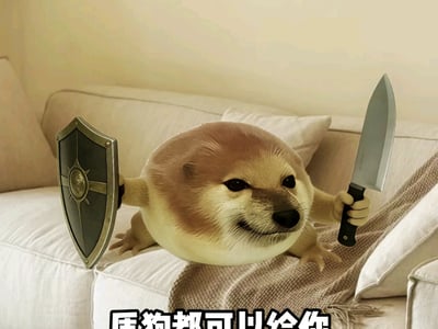 这是一张刀盾狗相关的网络梗图，主体是经过创作的圆滚滚Cheems狗头形象生物，趴在铺有针织毯的浅色布艺沙发上，右爪举着带有太阳纹饰的金属盾牌，左爪握着一把黑色手柄的菜刀，表情略带严肃又暗藏戏谑感，图片底部配文“盾狗都可以给你”，整体风格荒诞搞笑。