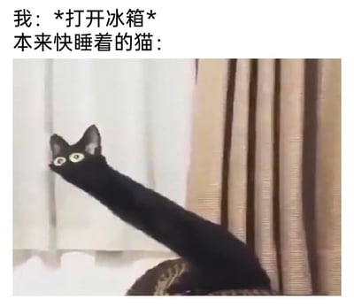 这是一张趣味梗图，上方配有文字对话：“我：*打开冰箱* 本来快睡着的猫：”，下方图片展示了一只原本即将入睡的黑猫，在感知到主人打开冰箱的动作后，瞬间被唤醒，身体夸张地伸长，眼睛圆睁，呈现出极度兴奋与专注的状态，生动且幽默地表现出猫咪对食物的强烈兴趣和敏锐反应，通过猫咪的夸张姿势与前后状态的反差，制造出搞笑的效果，十分贴合宠物贪吃的日常特点。