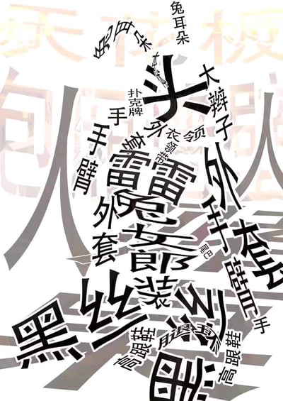 这是一幅创意文字艺术作品，将与兔女郎相关的元素词汇，包括兔耳朵、大辫子、外套、手套、雷、黑丝、高跟鞋、尾巴、扑克牌等，通过排版组合成一个兔女郎的人形轮廓，用文字堆砌出人物的造型，把形象的特征词汇作为视觉元素来构成形象本身，设计新颖有趣，充满创意。
无谐音梗、双关或暗示内容。