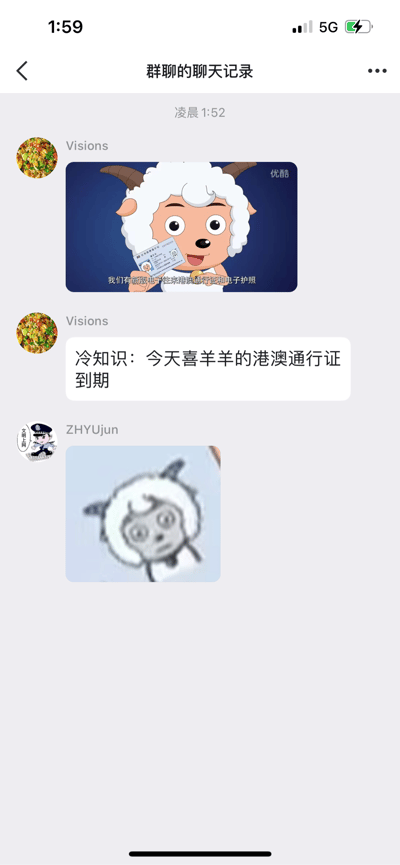 这是一张微信群聊的聊天记录截图，用户Visions首先发出一张《喜羊羊与灰太狼》的动画截图，图中喜羊羊手持电子往来港澳通行证，画面配文“我们有新版电子往来港澳通行证和电子护照”；紧接着Visions发布文字“冷知识：今天喜羊羊的港澳通行证到期”，抛出一个趣味冷知识玩梗；随后用户ZHYUjun回复了一张喜羊羊呆滞表情的表情包，呼应这个梗，整体是群友间的轻松趣味互动，无特殊双关、谐音梗，仅围绕动画内容的时效性展开玩梗。