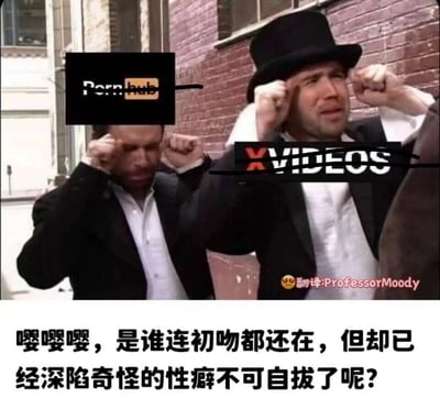 这是一张经过二次创作的搞笑自嘲梗图，画面主体是改编自电影《低俗小说》的影视截图，两个真人男性角色的脸部被分别替换成成人网站Pornhub和XVIDEOS的平台标识，角色双手握拳举在眼前，呈现出纠结、痛苦又有点回避的动作姿态。画面下方配有中文自嘲文案：“嘤嘤嘤，是谁连初吻都还在，但却已经深陷奇怪的性癖不可自拔了呢？”，用反差感调侃部分人群现实中情感经历空白，却通过成人网站接触并沉迷各类特殊性癖好的状态，图右下角标注有翻译者“ProfessorMoody”的水印，整体风格诙谐搞笑，充满网络玩梗的趣味。