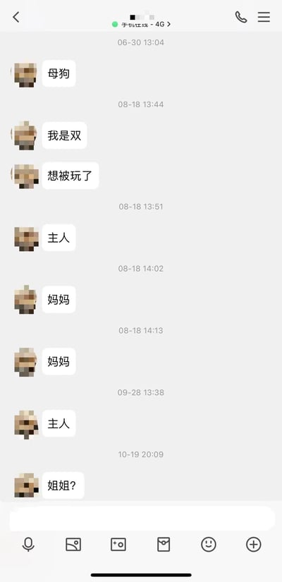 这是一张手机聊天应用的截图，显示了一段包含多个简短消息的对话。消息内容包括"母狗"、"我是双"、"想被玩了"、"主人"、"妈妈"和"姐姐?"等文本，时间戳从6月30日持续到10月19日。发送者的头像被模糊处理，无法辨认具体身份。