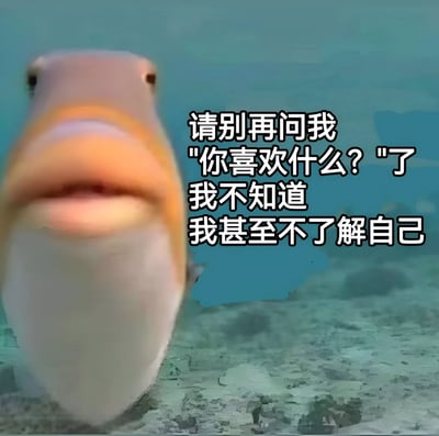 图片为一张水下拍摄的鱼类特写，主体是一条橙白相间的鱼（疑似小丑鱼），正面对镜头，背景为模糊的水底环境。图片右侧叠加了一段中文文字：'请别再问我'你喜欢什么？'了 我不知道 我甚至不了解自己'。通过将人类面对他人询问喜好时的无奈与自我困惑投射到鱼身上，形成一种幽默的自嘲效果，表达了许多人在被问及个人偏好时的真实感受。