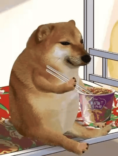 一只拟人化的柴犬坐在桌子前，悠闲地用筷子夹起泡面送入口中，表情满足惬意。整个过程展现了狗狗享受美食的可爱模样，动作流畅自然，充满生活气息。